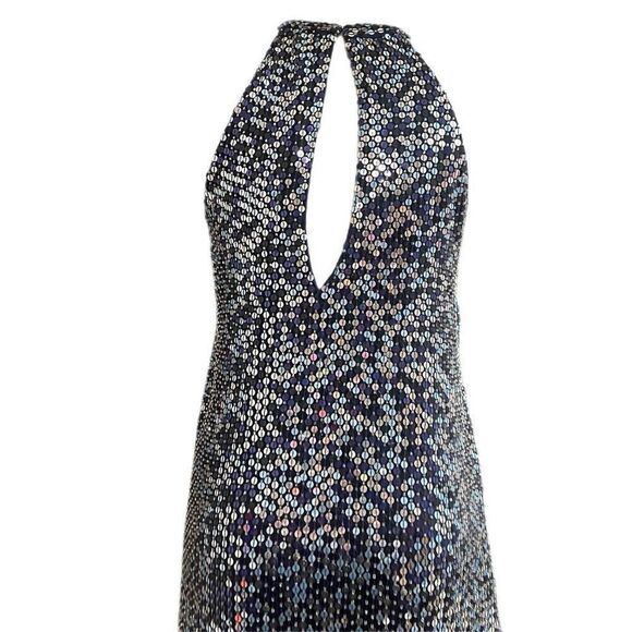 PARKER Sequin Beaded Aquarius Blue Keyhole Halter Cocktail Dress Evening Size 4 - Picture 4 of 14